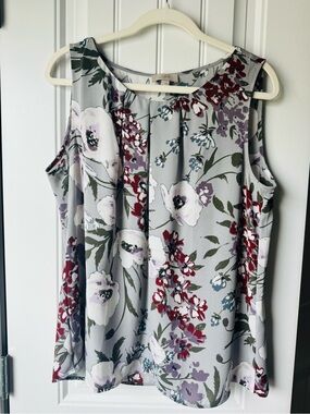 LOFT Gray Floral Sleeveless Camisole with Red & Purple Blooms